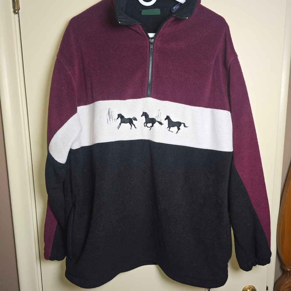 Wild Wings Large Fleece Pull Over 1/4 Zip Maroon Red White Black Horses Vintage